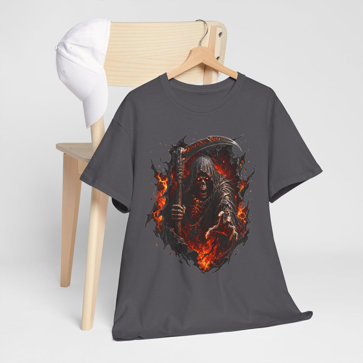 Fiery Grim Reaper Scythe T-Shirt | Gothic Skull Graphic Tee