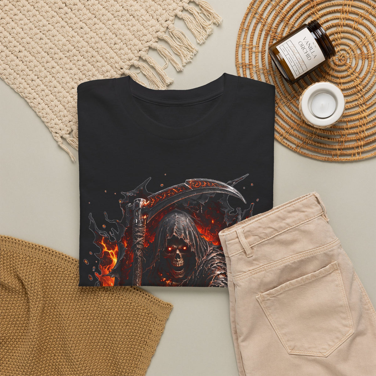 Fiery Grim Reaper Scythe T-Shirt | Gothic Skull Graphic Tee