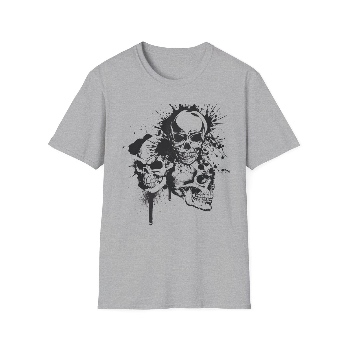Three Skulls Splatter Graphic T-Shirt | Dark Art Gothic Skull Unisex Tee | Graffiti Art Shirt