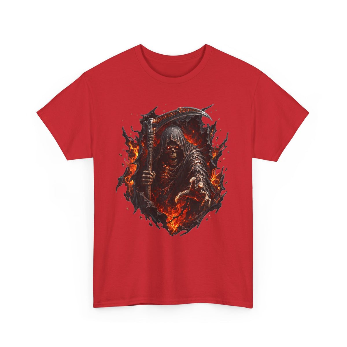 Fiery Grim Reaper Scythe T-Shirt | Gothic Skull Graphic Tee