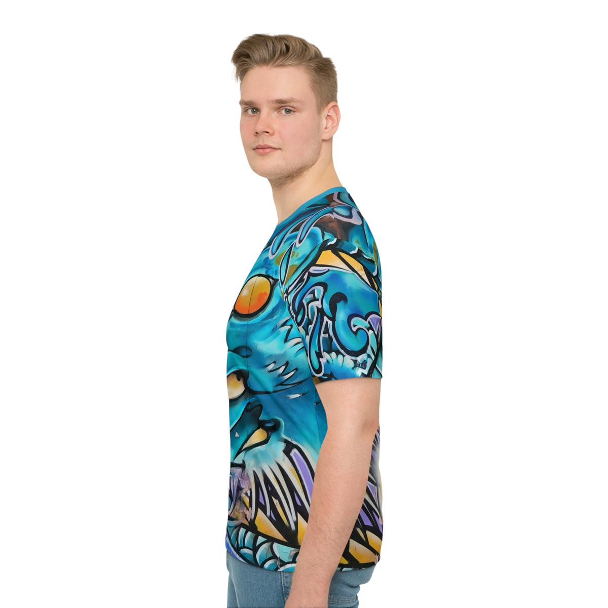 Japanese Blue Dragon Graffiti All-Over Print T-Shirt | Streetwear Graphic Tee