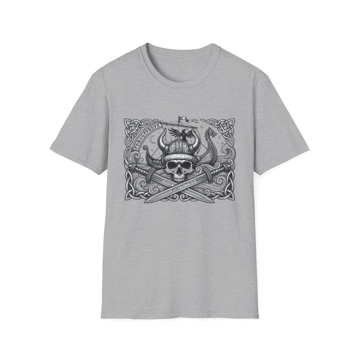 Viking Skull & Longship Graphic Tee | Norse Runes Crossed Swords T-Shirt |Vintage Worn Design Shirt