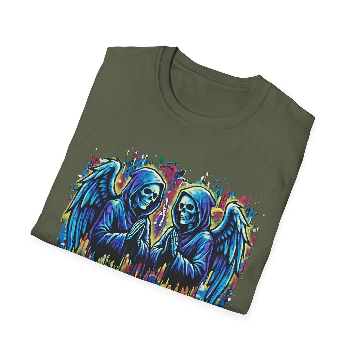 Praying Grim Reaper Graphic Tee | Colorful Paint Drip Twin Skulls T-Shirt | Gothic Graffiti Streetwear | Dark Aesthetic Angel Wings Shirt