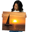 Sailboat Ocean Sunset Canvas Print | Vibrant Golden Hour Nautical Wall Decor | Silhouetted Yacht Photography | Coastal Beach House Canvas Artwork