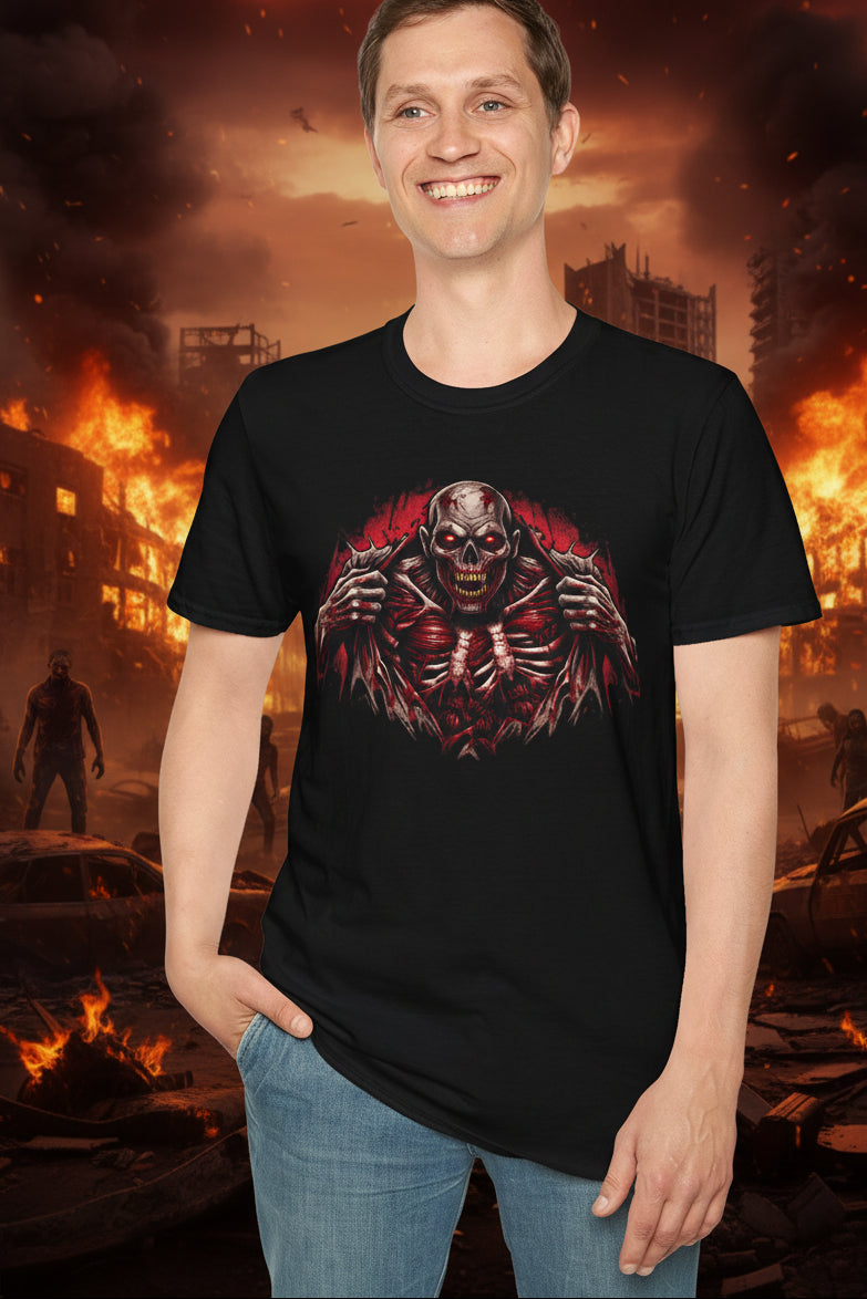 Horror graphic t-shirt featuring a zombie tearing open its chest to reveal a bloody ribcage and glowing red eyes.