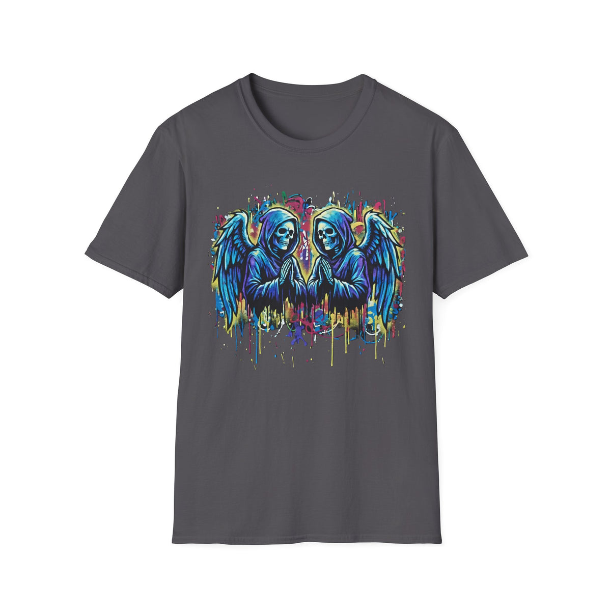 Praying Grim Reaper Graphic Tee | Colorful Paint Drip Twin Skulls T-Shirt | Gothic Graffiti Streetwear | Dark Aesthetic Angel Wings Shirt