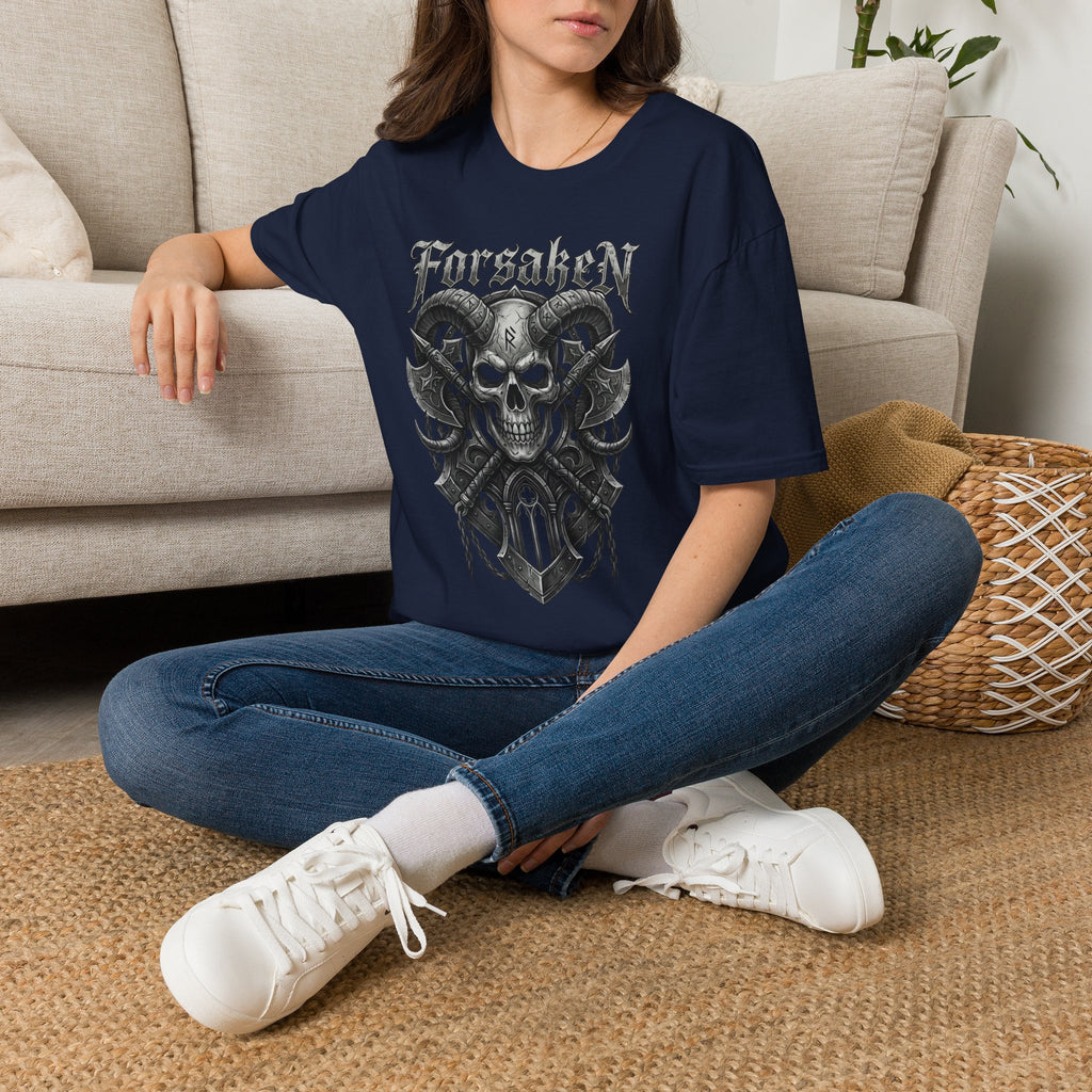 Forsaken Horned Skull Graphic Tee | Gothic Runes & Crossed Axes T-Shirt