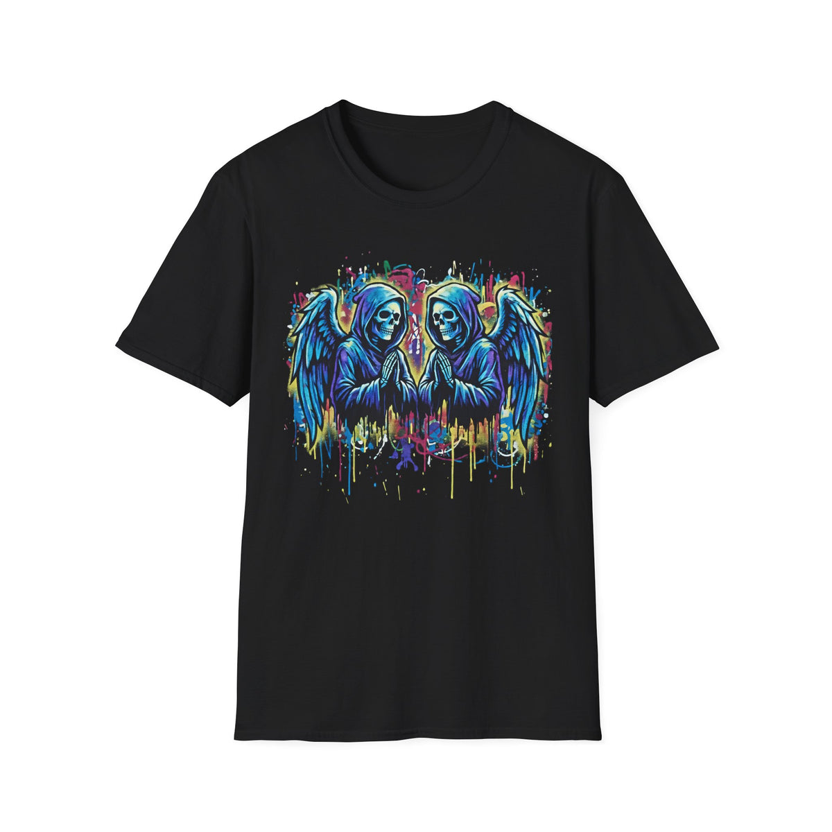 Praying Grim Reaper Graphic Tee | Colorful Paint Drip Twin Skulls T-Shirt | Gothic Graffiti Streetwear | Dark Aesthetic Angel Wings Shirt
