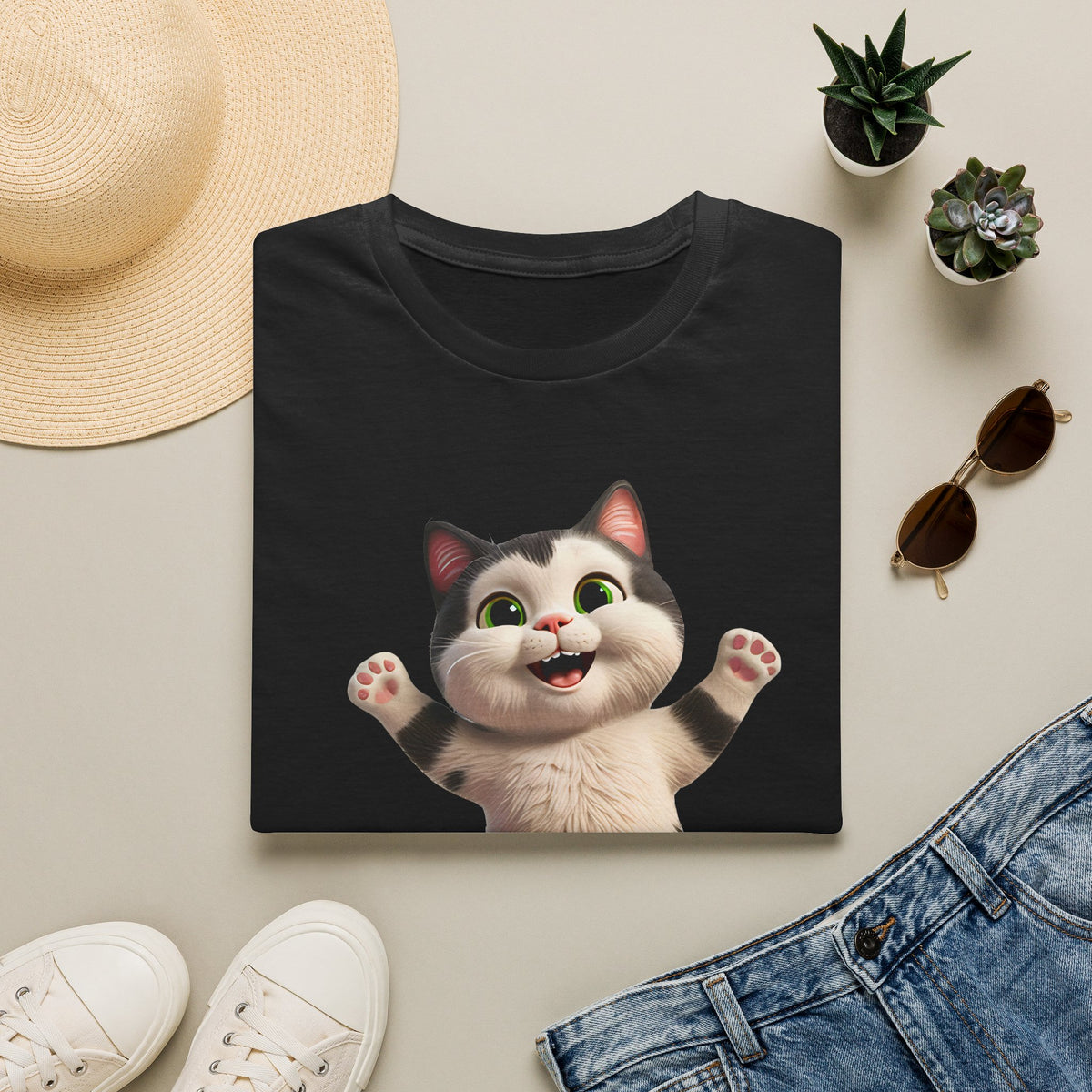 Jumping Cat Graphic Tee | Cute Chubby Tabby Kitten T-Shirt | 3D Animated Kitty Shirt | Whimsical Pet Lover Gift Apparel