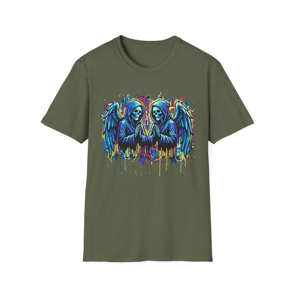 Praying Grim Reaper Graphic Tee | Colorful Paint Drip Twin Skulls T-Shirt | Gothic Graffiti Streetwear | Dark Aesthetic Angel Wings Shirt