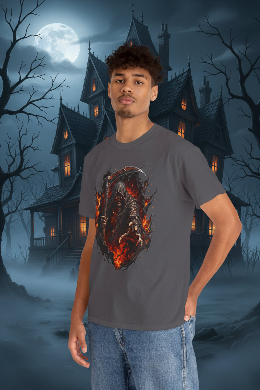 Fiery Grim Reaper Scythe T-Shirt | Gothic Skull Graphic Tee