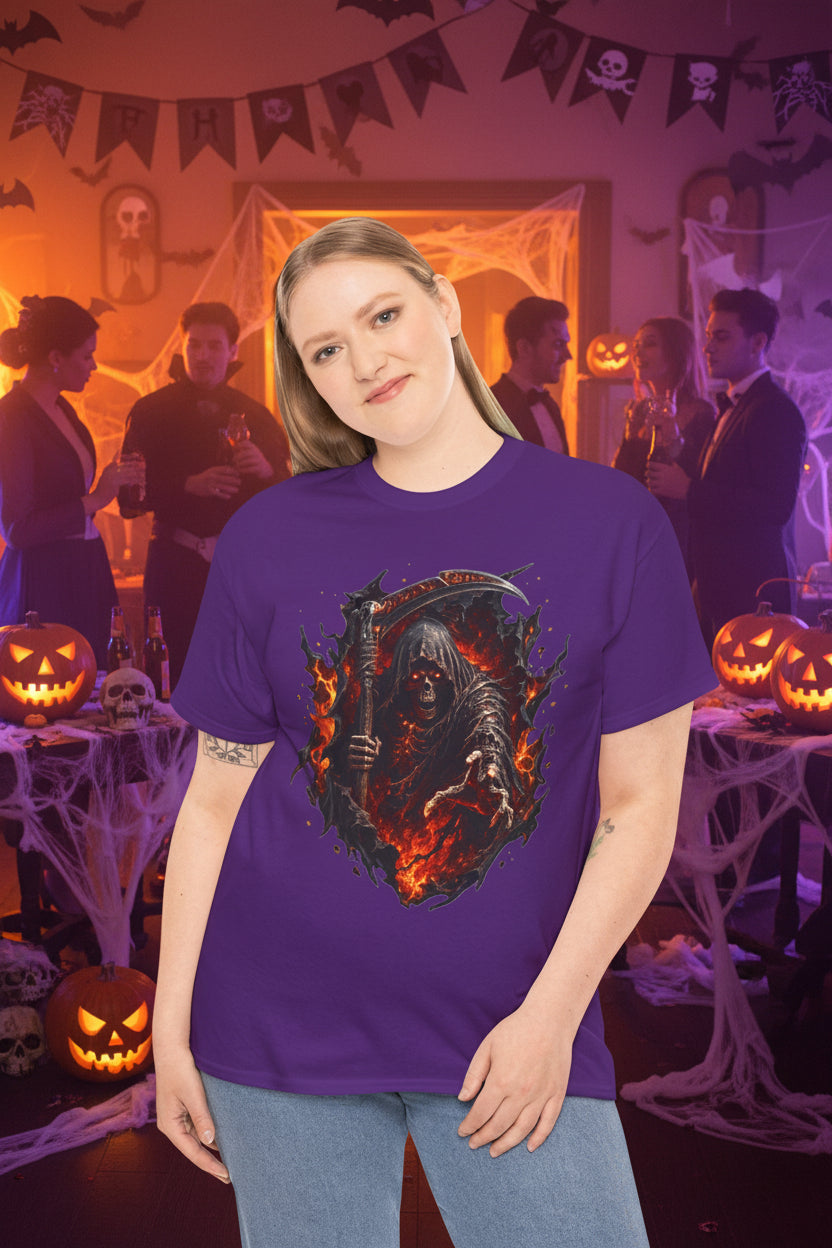 Fiery Grim Reaper Scythe T-Shirt | Gothic Skull Graphic Tee