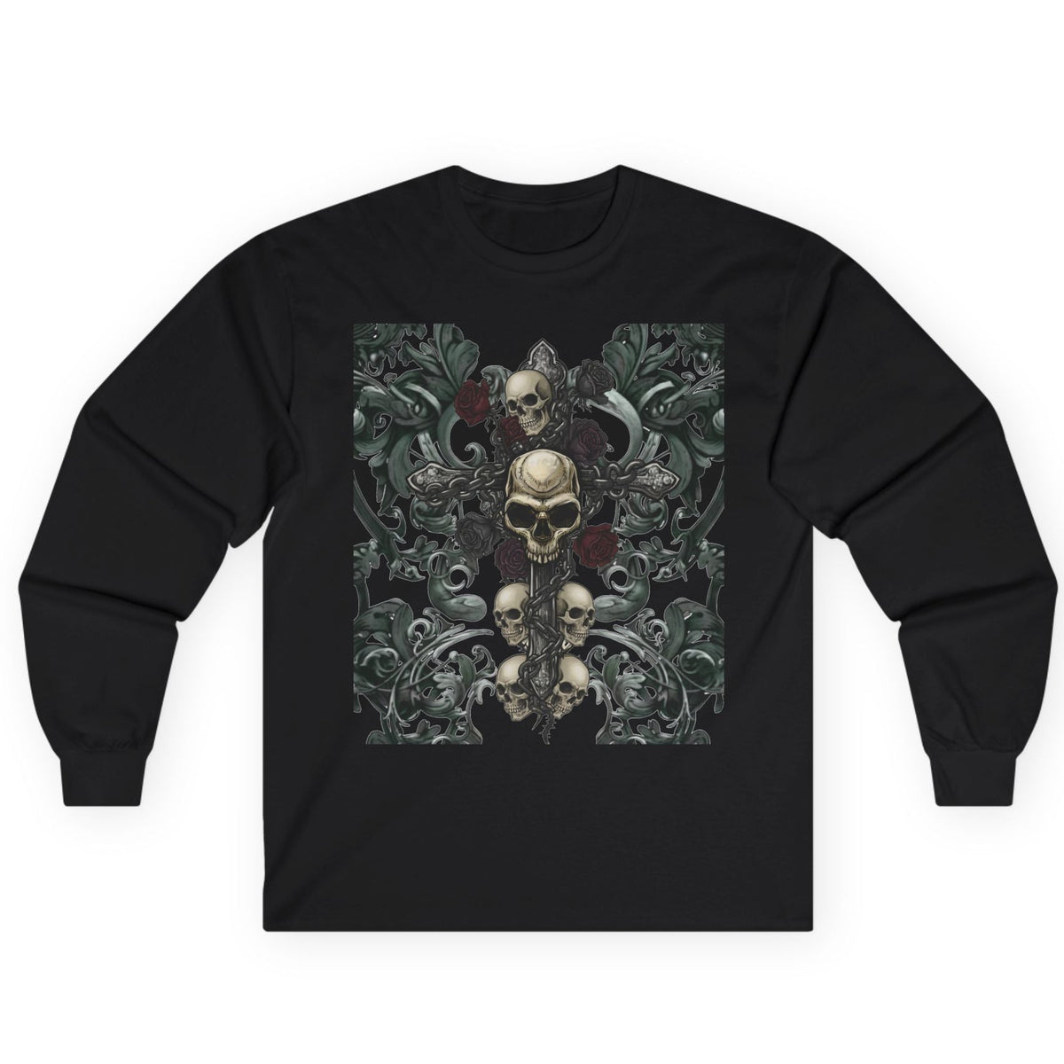 Gothic Skull Cross Long Sleeve T-Shirt | Dark Floral filigree & Skull Graphic Tee | Vintage Goth Streetwear
