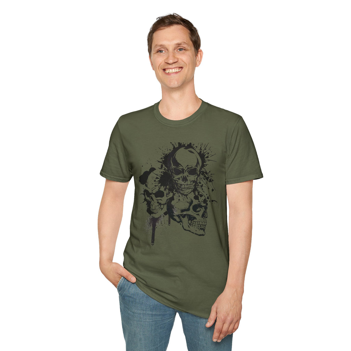 Three Skulls Splatter Graphic T-Shirt | Dark Art Gothic Skull Unisex Tee | Graffiti Art Shirt