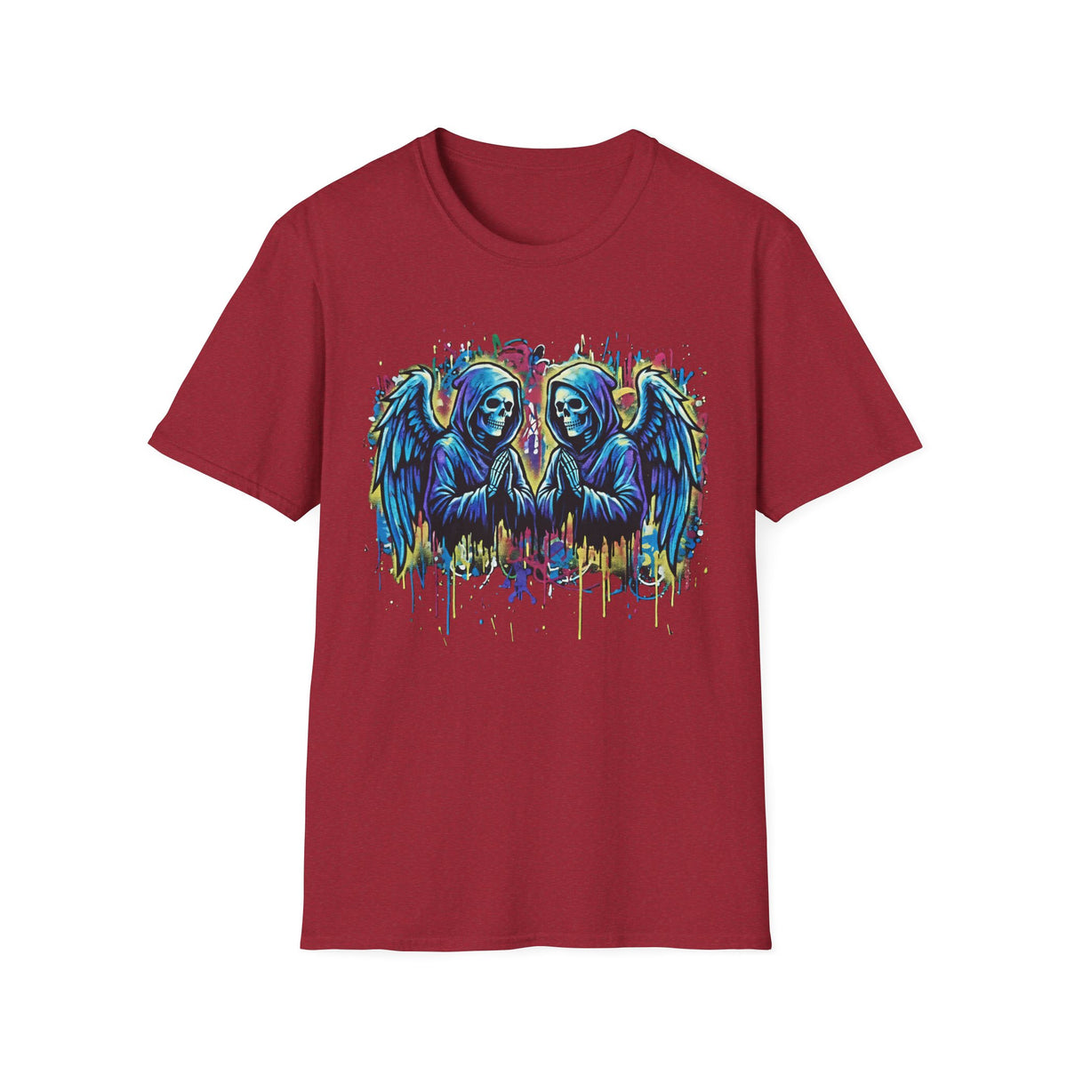 Praying Grim Reaper Graphic Tee | Colorful Paint Drip Twin Skulls T-Shirt | Gothic Graffiti Streetwear | Dark Aesthetic Angel Wings Shirt