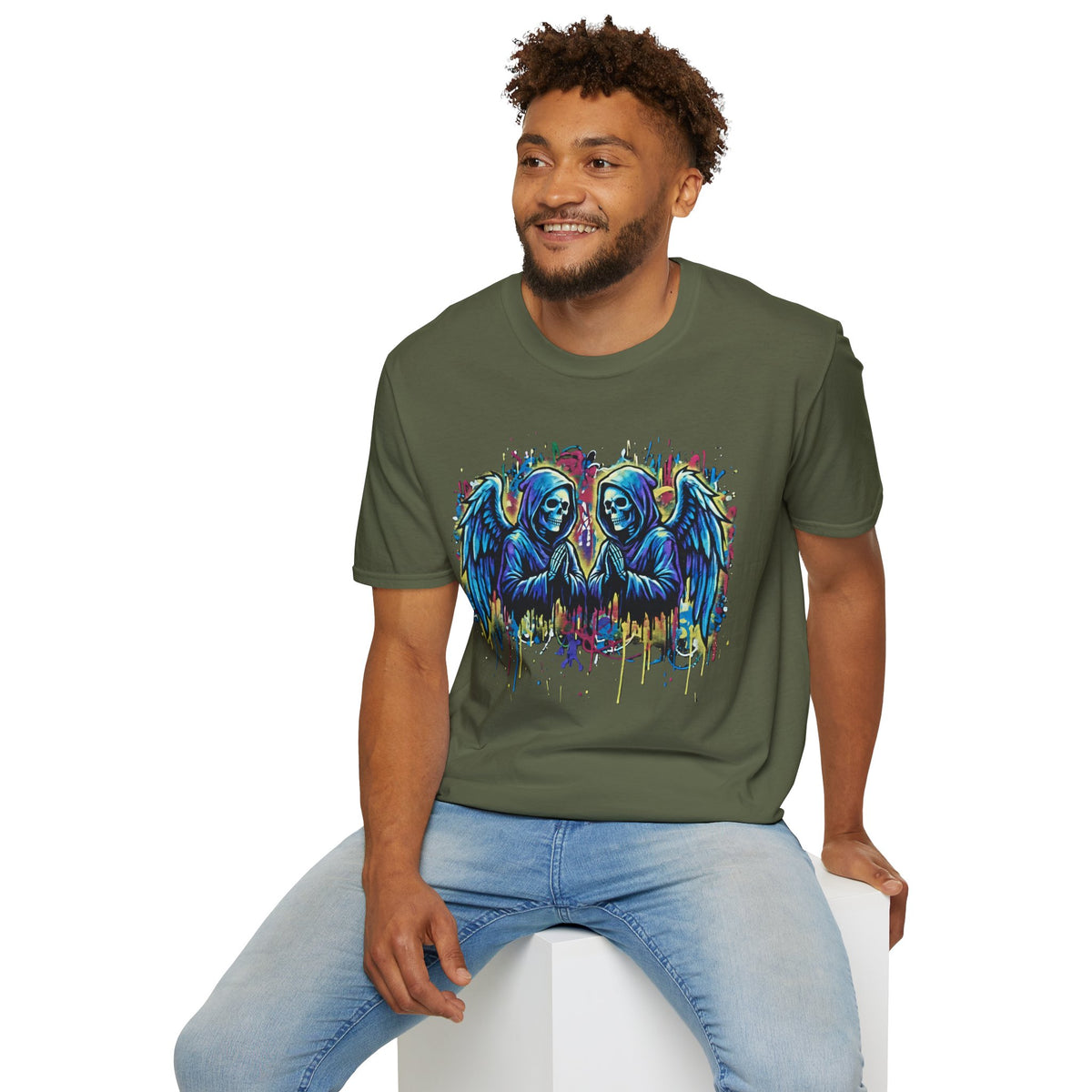 Praying Grim Reaper Graphic Tee | Colorful Paint Drip Twin Skulls T-Shirt | Gothic Graffiti Streetwear | Dark Aesthetic Angel Wings Shirt