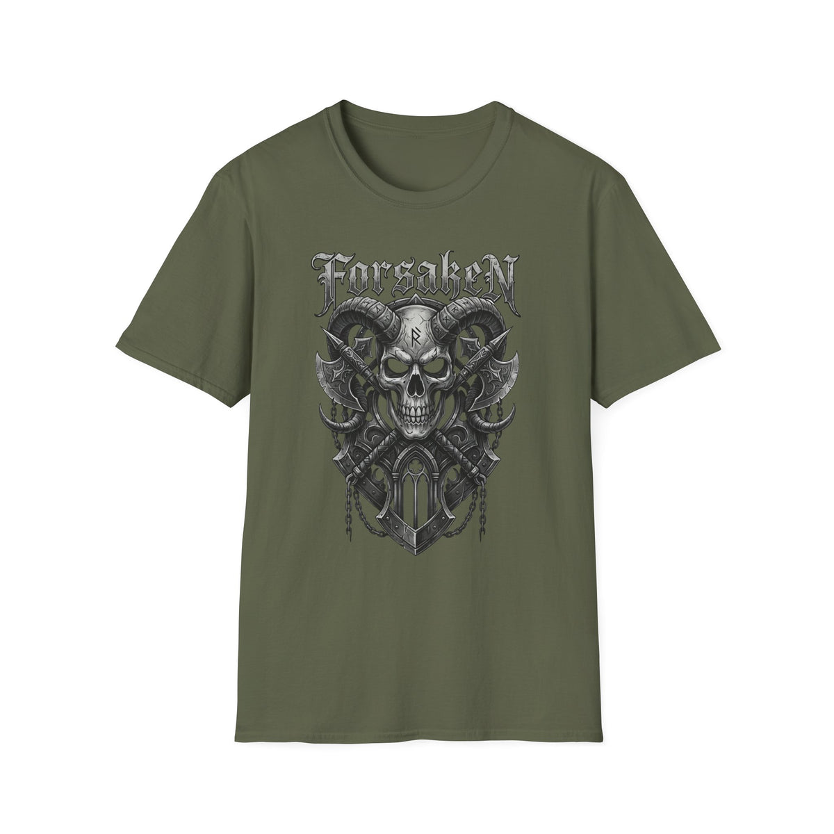 Forsaken Horned Skull Graphic Tee | Gothic Runes & Crossed Axes T-Shirt