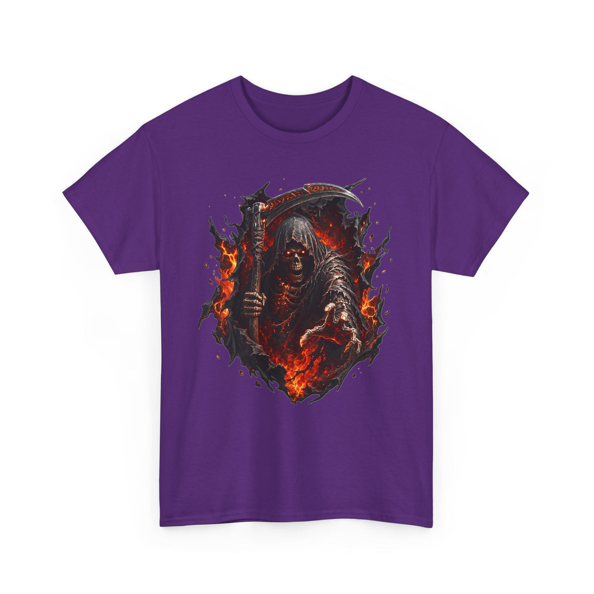 Fiery Grim Reaper Scythe T-Shirt | Gothic Skull Graphic Tee