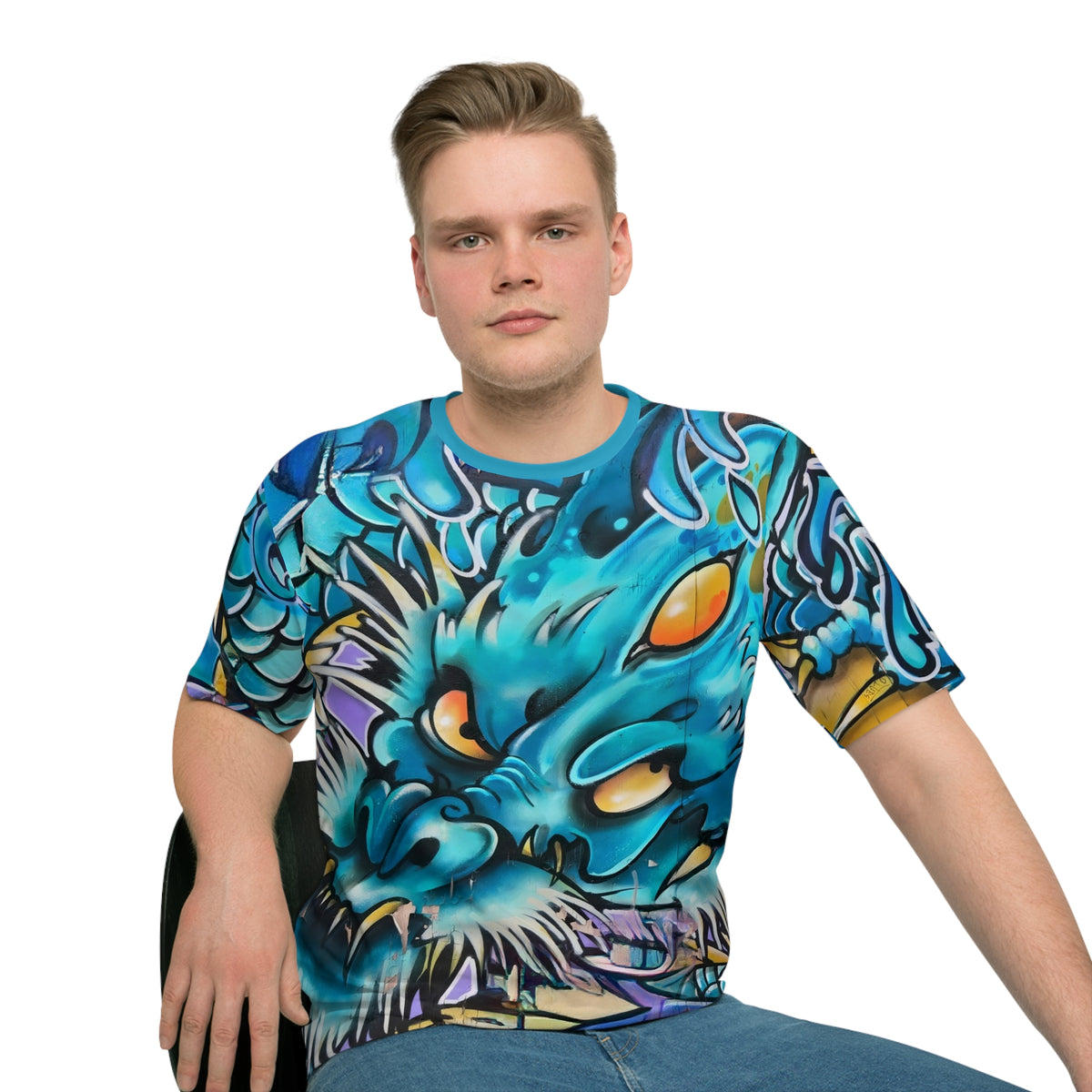 Japanese Blue Dragon Graffiti All-Over Print T-Shirt | Streetwear Graphic Tee