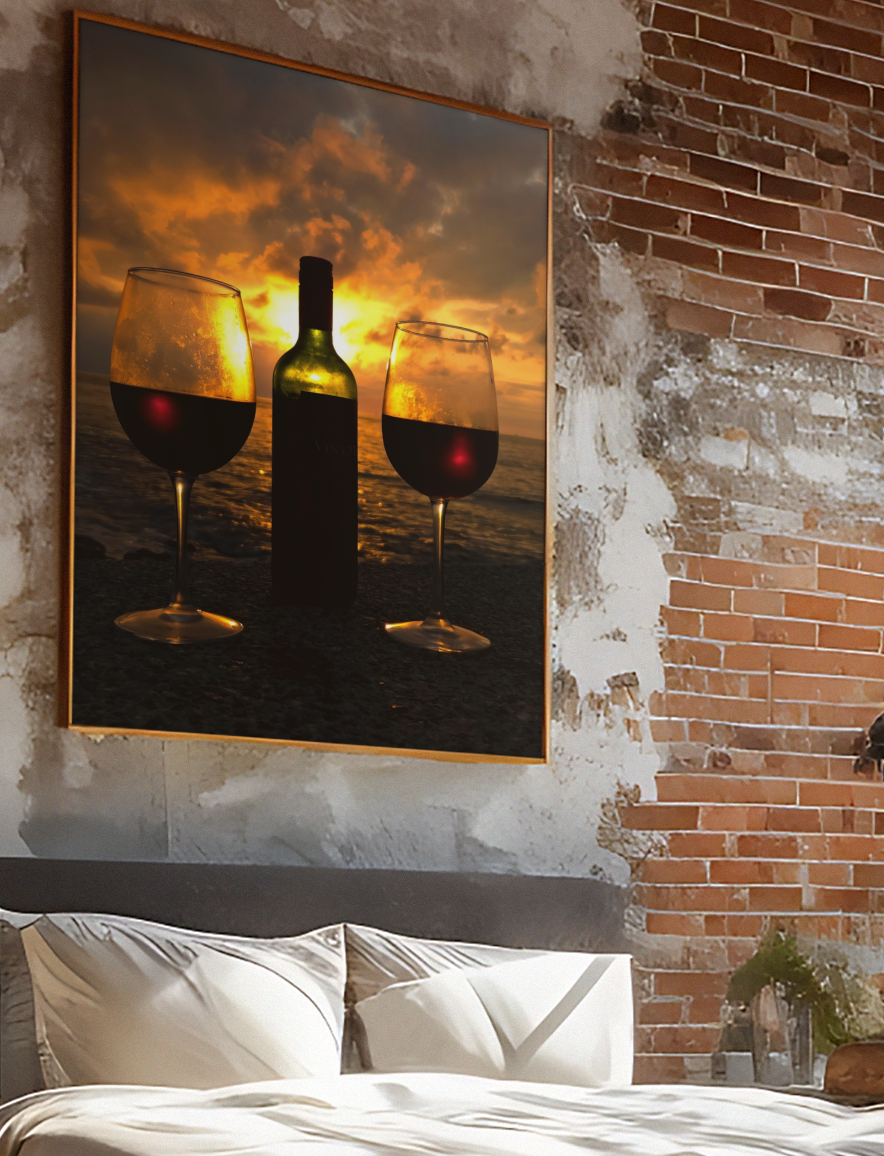 Sunset Ocean Red Wine Bottle & Glasses Fine Art Photo Print