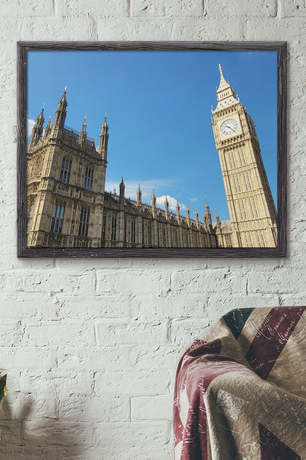 art print depicting Big Ben and the Houses of Parliament under a blue sky