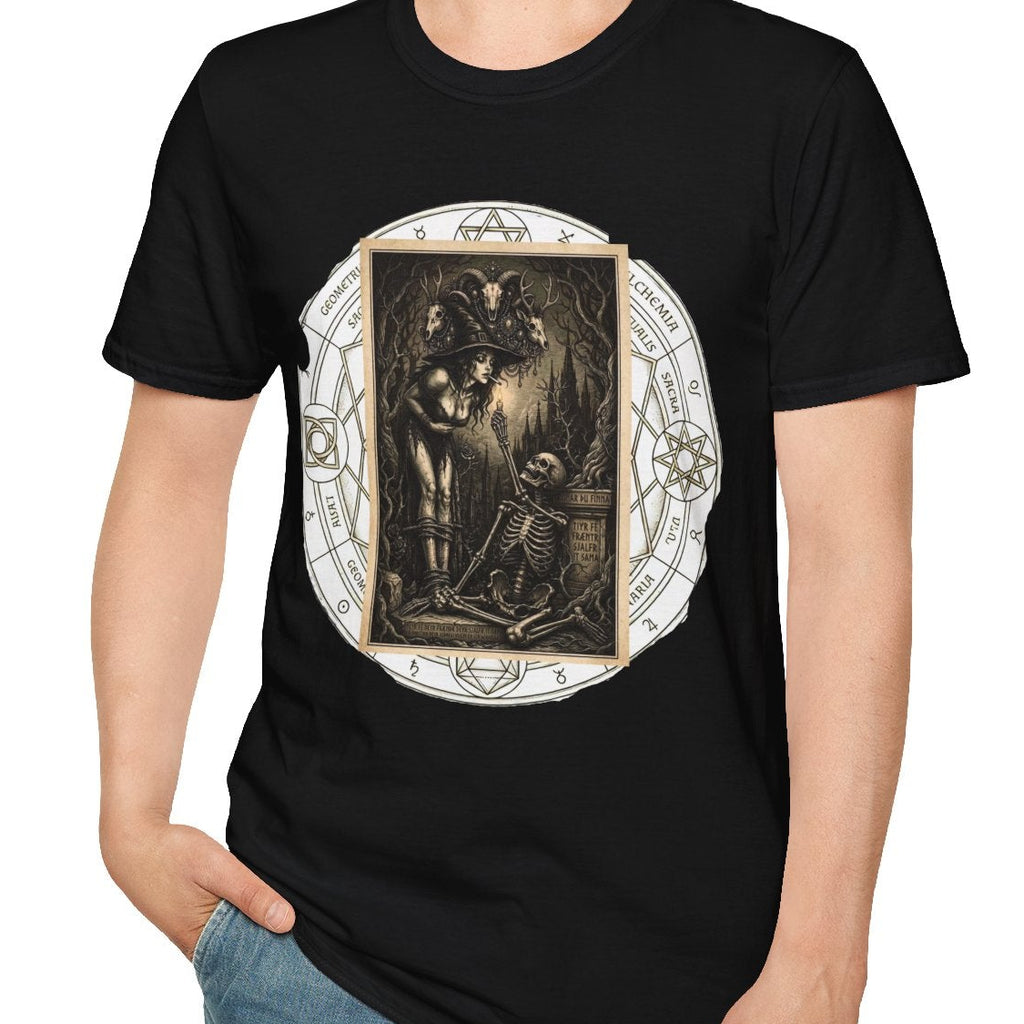 t-shirt featuring a gothic illustration of a witch and skeleton framed by an Elder Futhark runic alchemical circle.