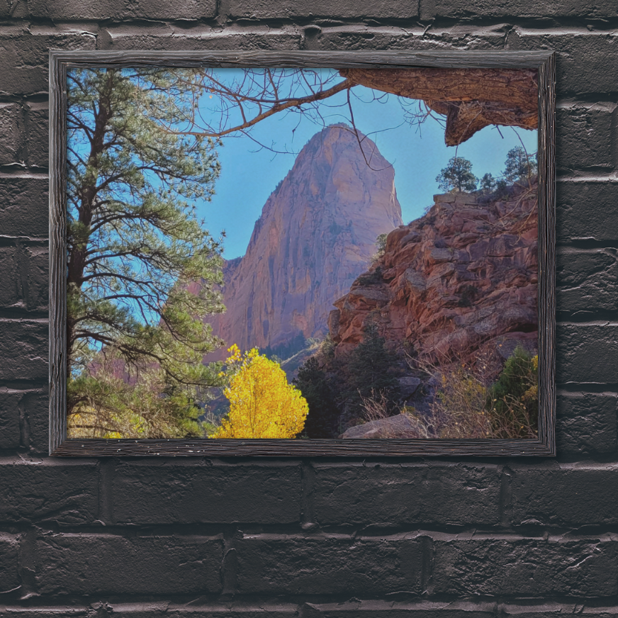 Fine art photograph of a towering red rock cliff and golden autumn foliage in Kolob Canyons, Zion National Park.