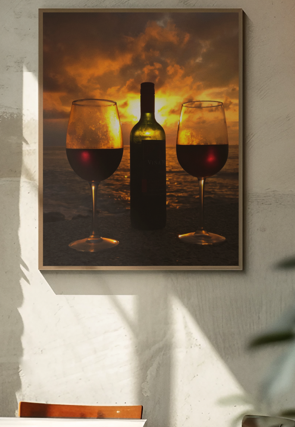 art print depicting a wine bottle and two glasses of red wine against a sunset sky