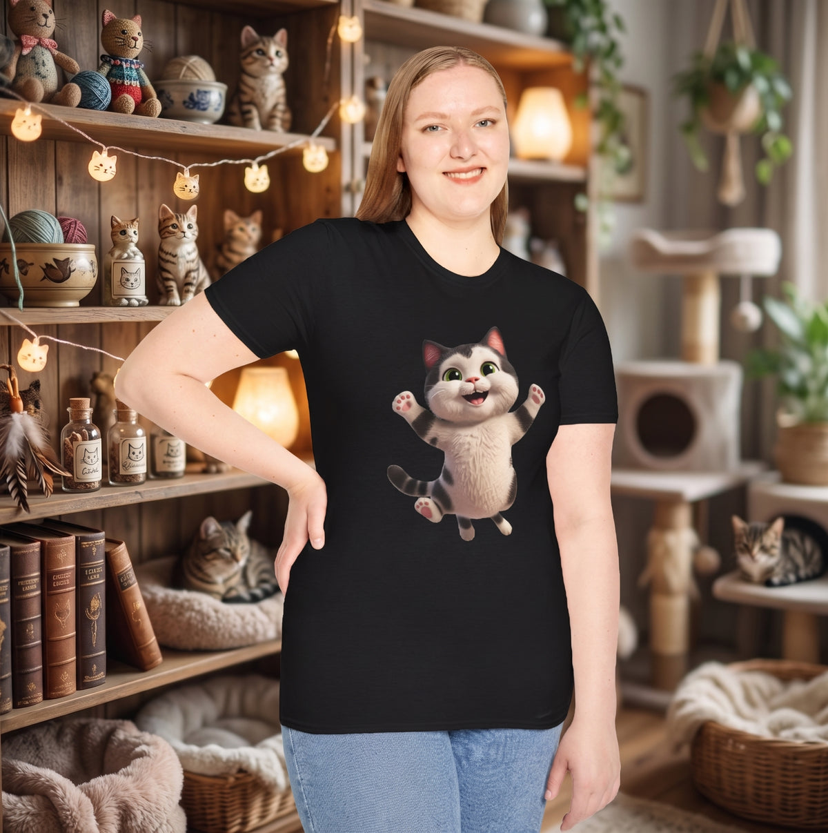 Jumping Cat Graphic Tee | Cute Chubby Tabby Kitten T-Shirt | 3D Animated Kitty Shirt | Whimsical Pet Lover Gift Apparel
