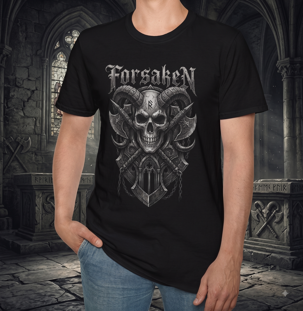 Forsaken Horned Skull Graphic Tee | Gothic Runes & Crossed Axes T-Shirt