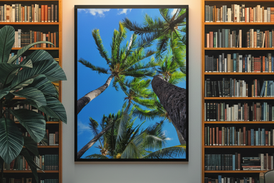 Tropical Palm Tree Canopy Photography Print, Coastal Fine Art Wall Art, Hawaiian Beach House Decor
