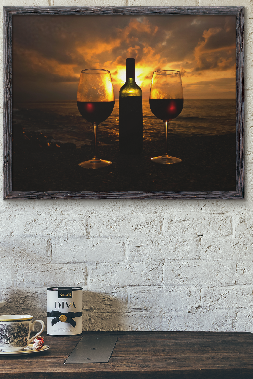 Sunset Ocean Red Wine Bottle & Glasses Fine Art Photo Print