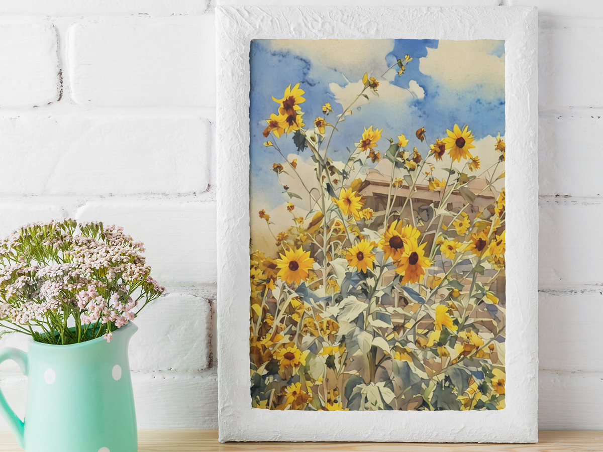 watercolor print of yellow sunflowers under a blue sky and clouds