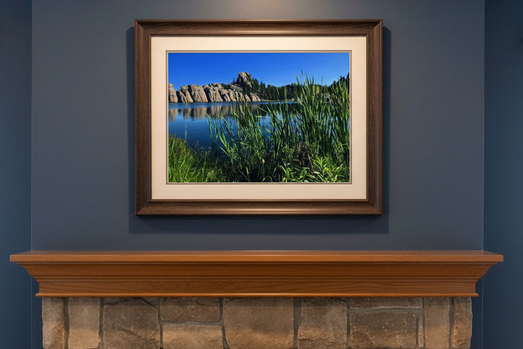 landscape photo print of granite rock formations and green reeds at Sylvan Lake in Custer State Park, South Dakota.