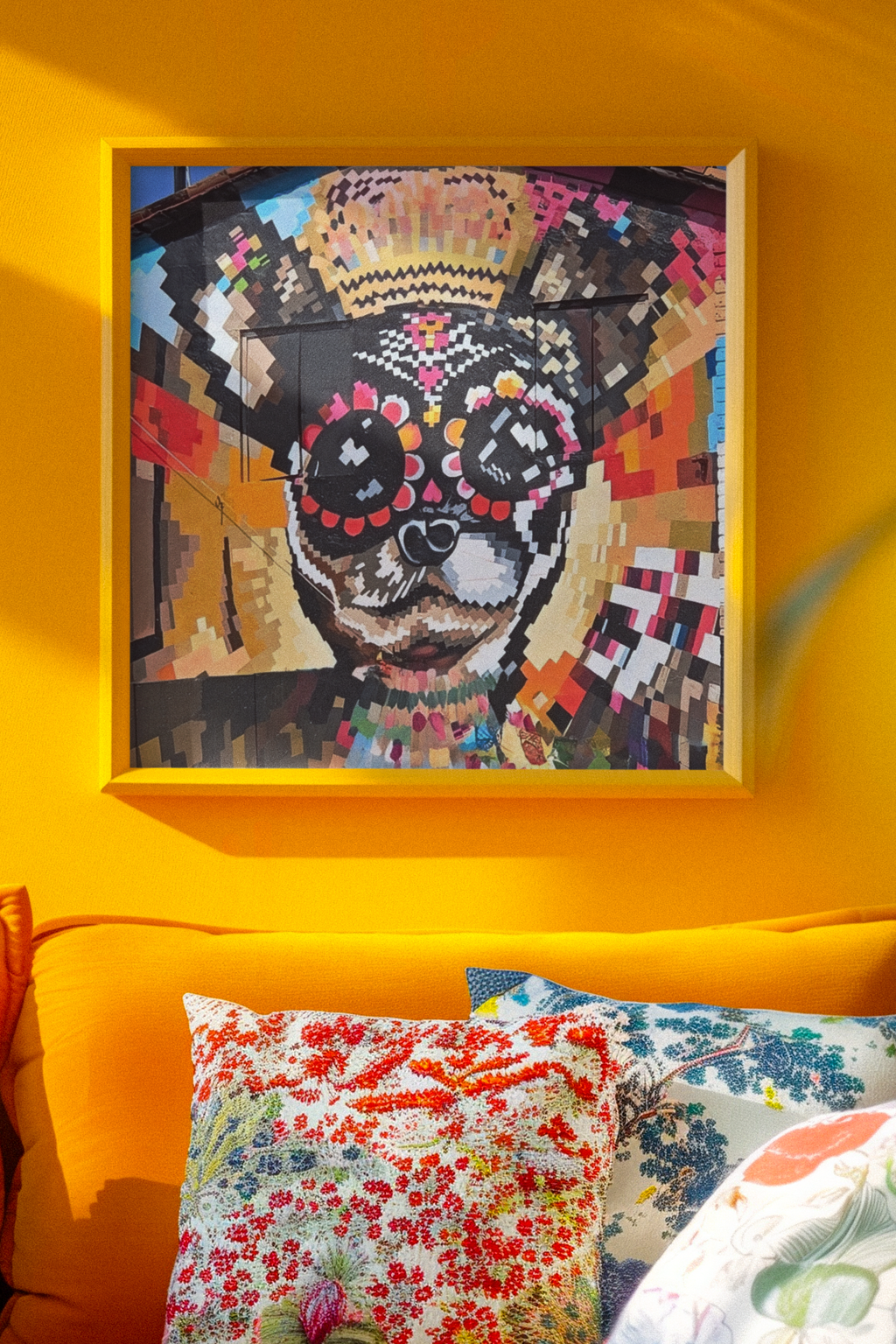 Day of the Dead Dog Mural Print | Pixel Art Street Photography Poster | Vibrant Dia de los Muertos Building Mural Art | Colorful Urban Wall Decor