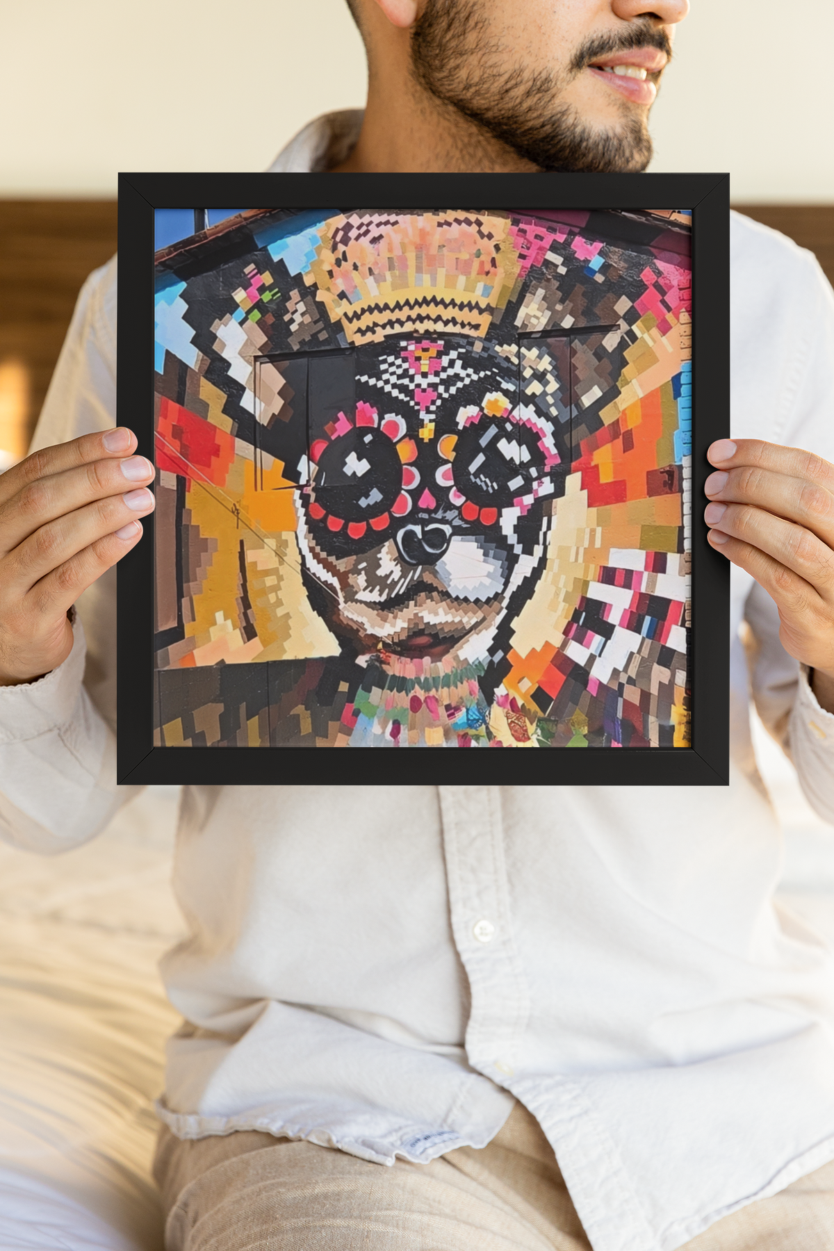 Day of the Dead Dog Mural Print | Pixel Art Street Photography Poster | Vibrant Dia de los Muertos Building Mural Art | Colorful Urban Wall Decor