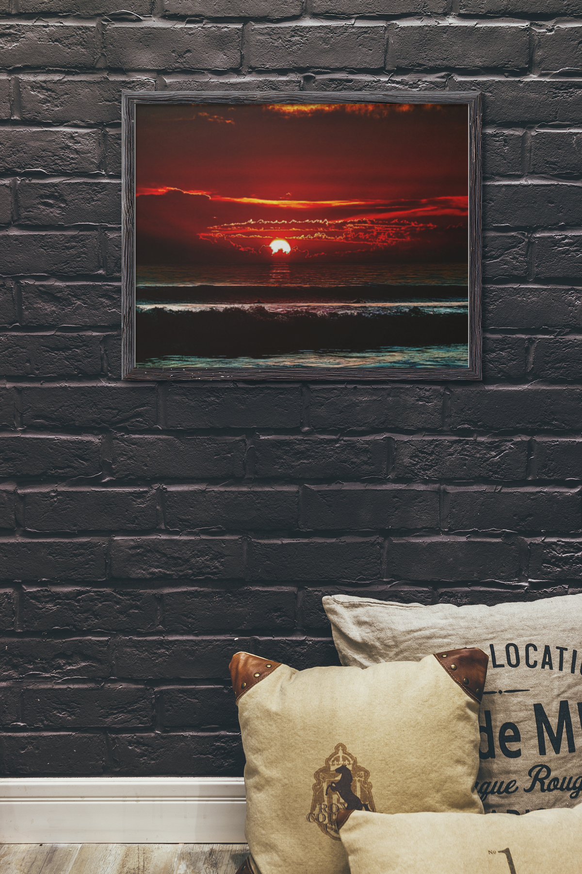 Pacific Ocean Sunset Surfers Wall Art | Fiery Red Sky Coastal Landscape Print