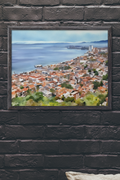 Fine art watercolor print of terracotta rooftops and ocean waters in Puerto Vallarta, Mexico, rendered from original photography.