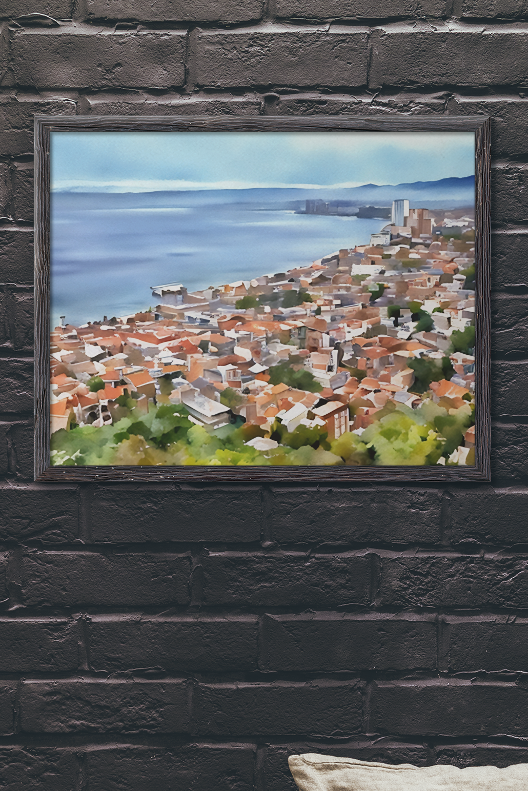 Fine art watercolor print of terracotta rooftops and ocean waters in Puerto Vallarta, Mexico, rendered from original photography.