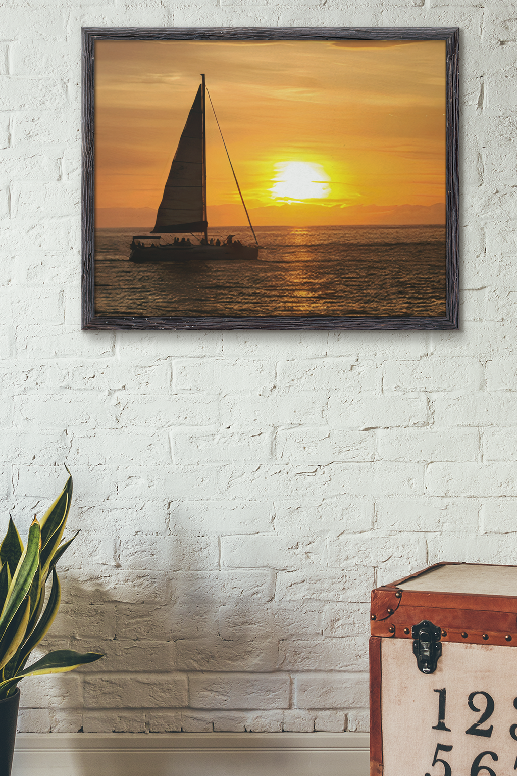 Sailboat Ocean Sunset Canvas Print | Vibrant Golden Hour Nautical Wall Decor | Silhouetted Yacht Photography | Coastal Beach House Canvas Artwork