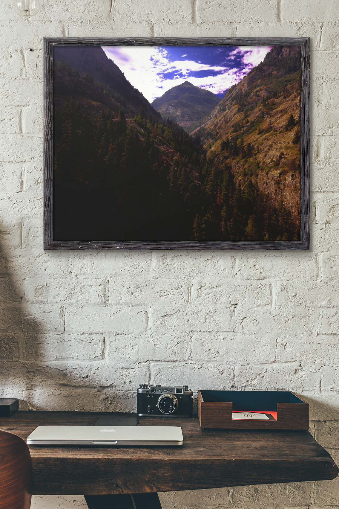 Fine art landscape photo print of a deep pine forest canyon leading to a distant mountain peak in the Rocky Mountains.