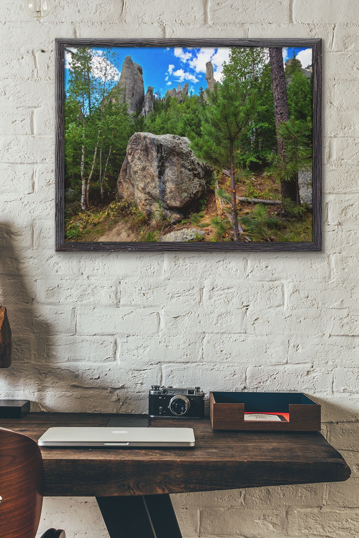 Fine art landscape photo print of granite spires and pine trees at The Needles in Custer State Park, South Dakota.