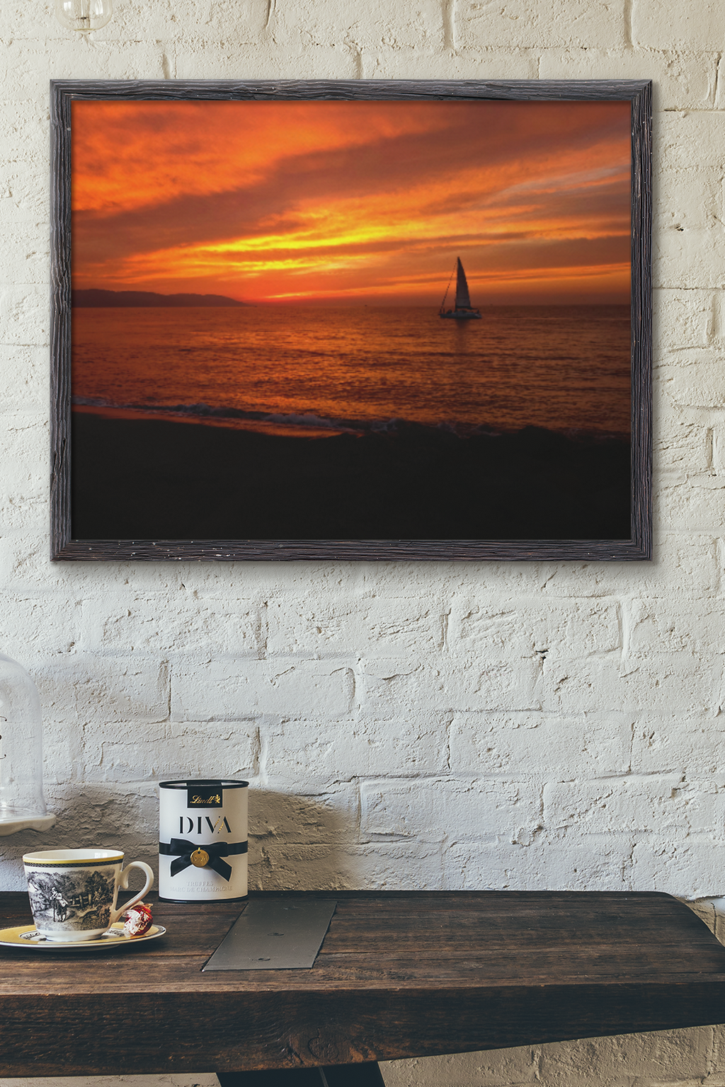 Ocean Sunset Sailboat Wall Art | Fiery Red Sky Coastal Landscape Print