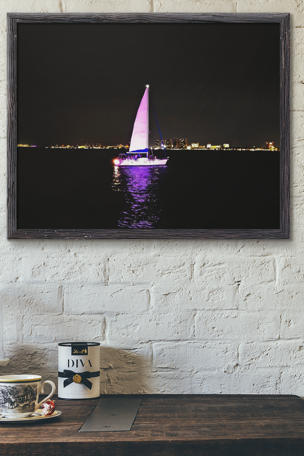 Illuminated Sailboat at Night Photo Print | Purple Glowing Sailboat Wall Art | Nighttime City Skyline Ocean Photography | Modern Nautical Decor