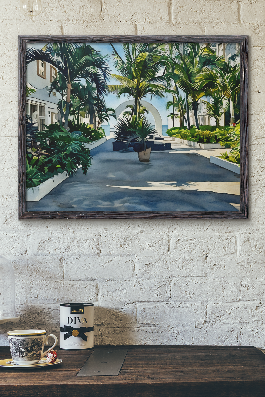 Tropical Resort Courtyard Watercolor Print | Palm Tree Coastal Villa Fine Art Wall Print