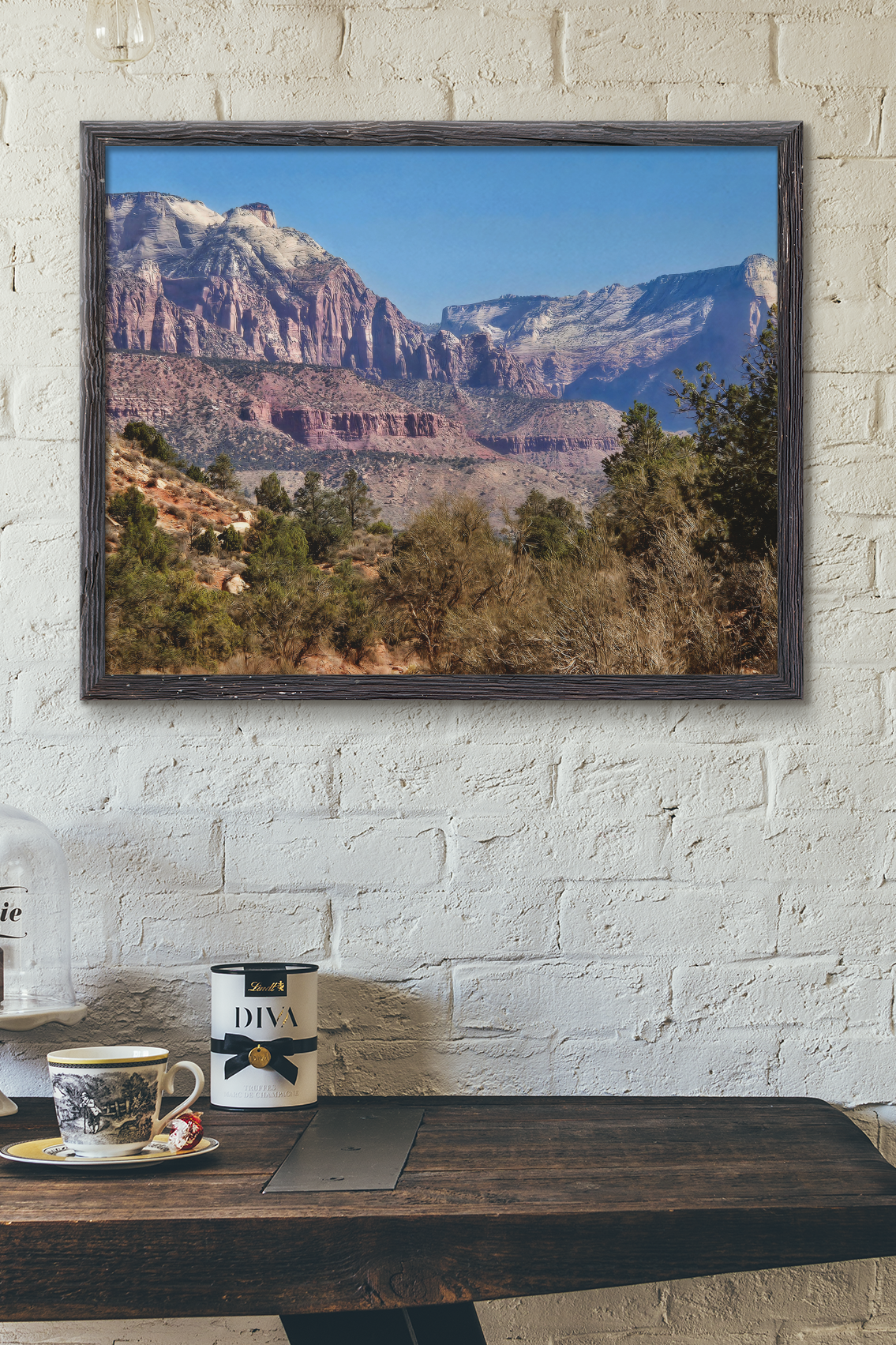 Fine art photograph of the red sandstone peaks of Mt Kinesava and Johnson Mountain towering over desert sagebrush at the gateway to Zion National Park.