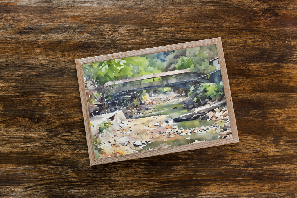 Rustic Covered Wooden Bridge River Watercolor Print