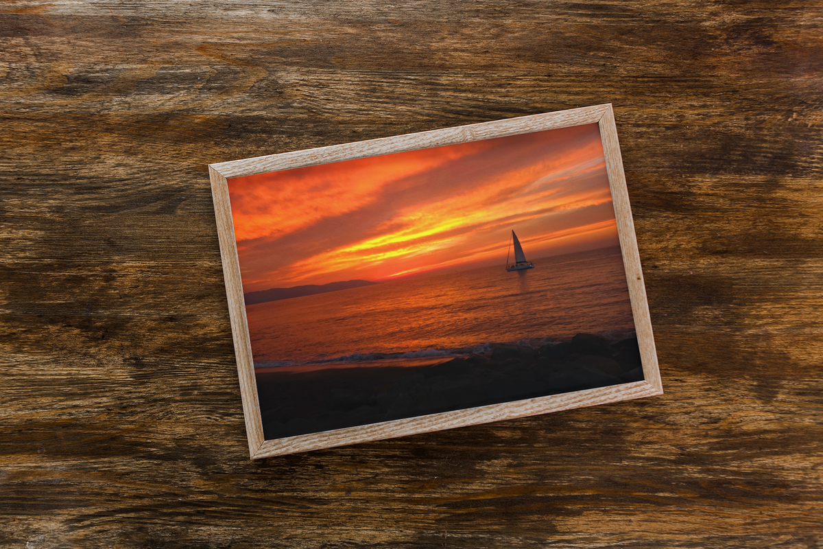 Ocean Sunset Sailboat Wall Art | Fiery Red Sky Coastal Landscape Print
