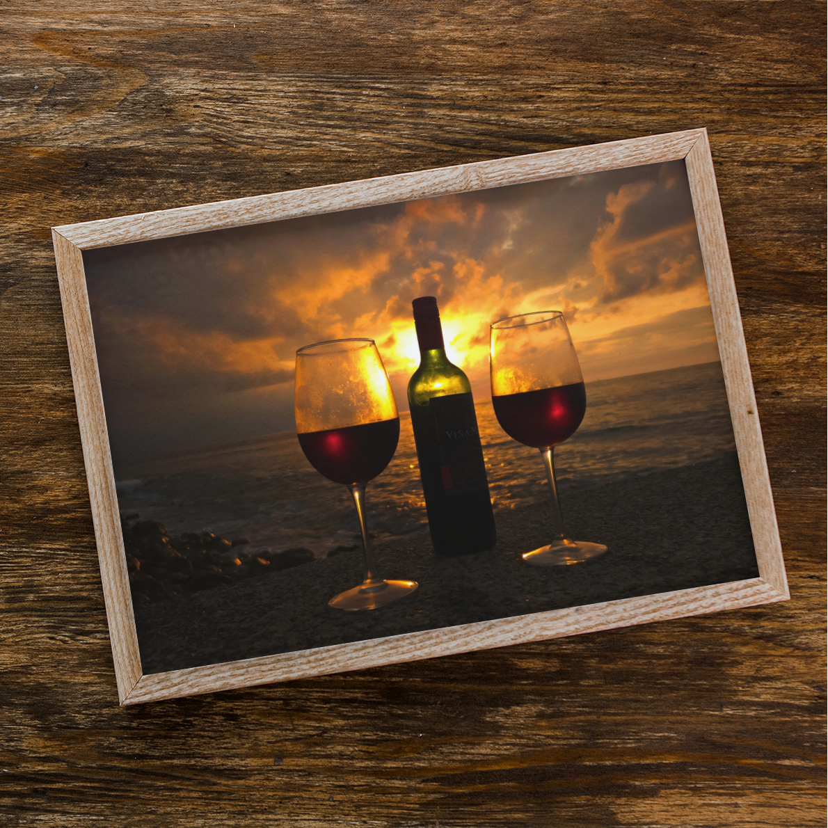 Sunset Ocean Red Wine Bottle & Glasses Fine Art Photo Print