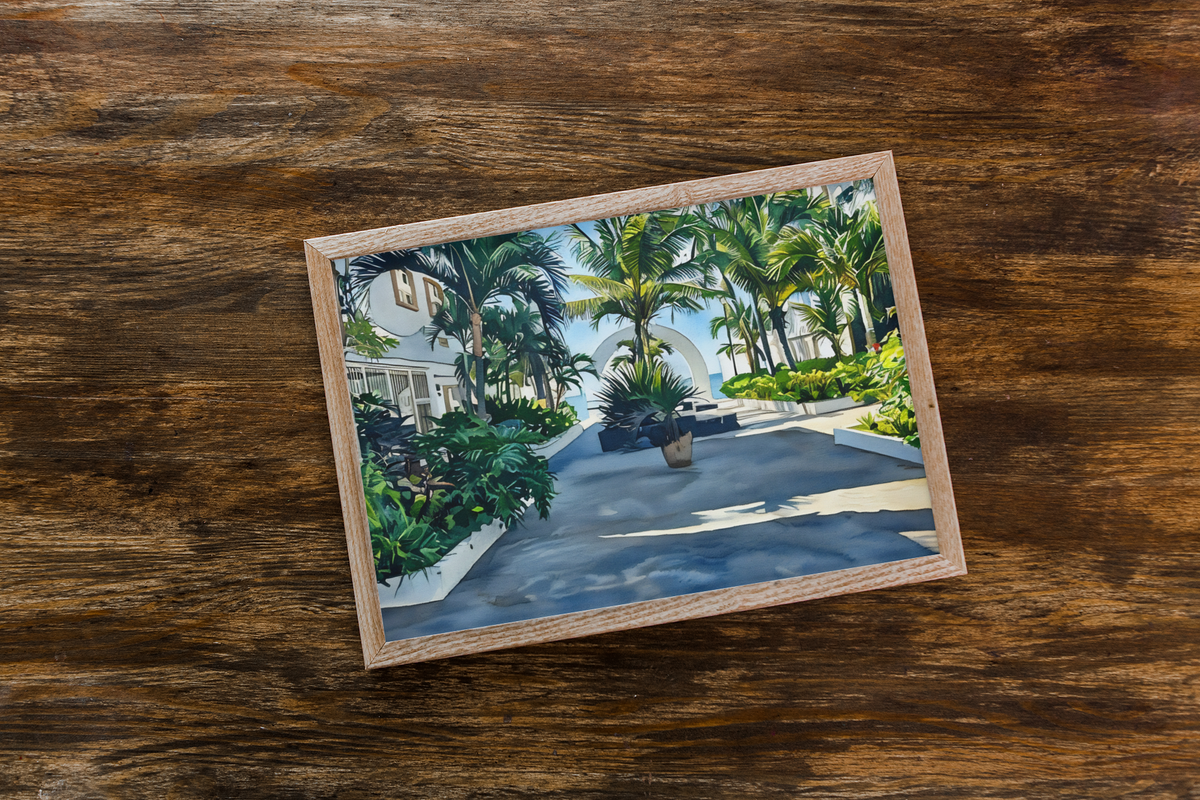 Tropical Resort Courtyard Watercolor Print | Palm Tree Coastal Villa Fine Art Wall Print